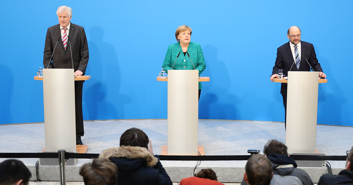 Horst Seehofer, Angela Merkel und Martin Schulz geben nach den Koalitionsverhandlungen von CDU, CSU und SPD eine Pressekonferenz