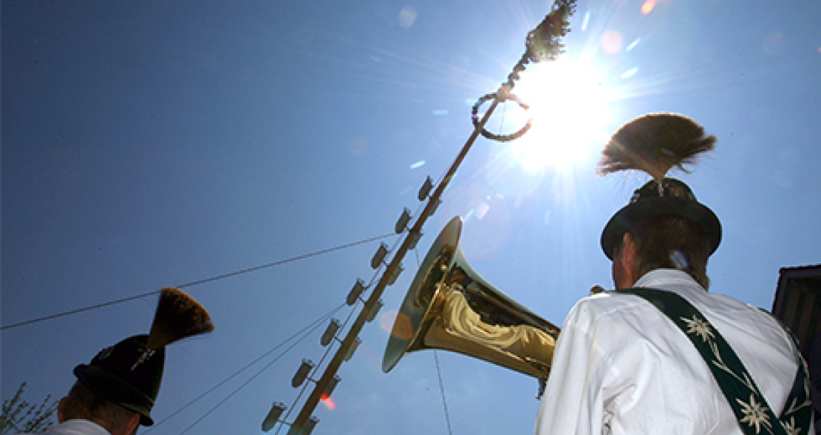 Mitglieder eines Musikvereins spielen auf, während ein Maibaum in die Senkrechte gezogen wird_490x275