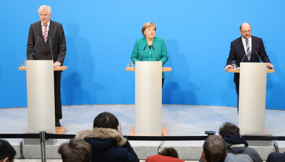 Horst Seehofer, Angela Merkel und Martin Schulz geben nach den Koalitionsverhandlungen von CDU, CSU und SPD eine Pressekonferenz